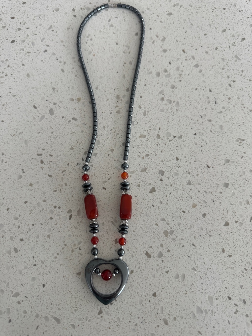 Smooth Hematite & Red Beaded Gemstones Heart Pendant Necklace - New